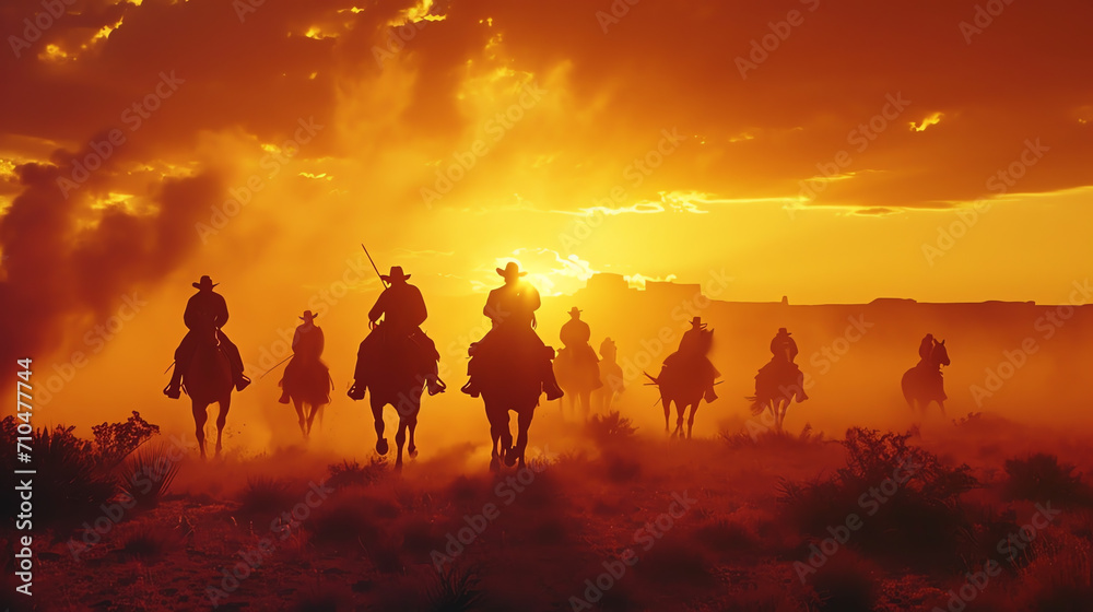Cowboys reiten im Sonnenuntergang