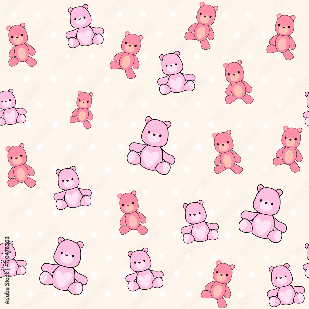 Obraz premium Cute cartoon little funny reddy bears toys seamless pattern. Kawaii style. Vector illustration t-shirt print for kids