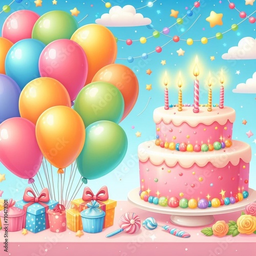 a lively illustration featuring a vibrant background of birthday party balloons and a cake adorned with flickering candles the perfect image for festive occasions