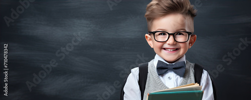 Cute happy school boy in front of blackboard in school class. copy space for your text.