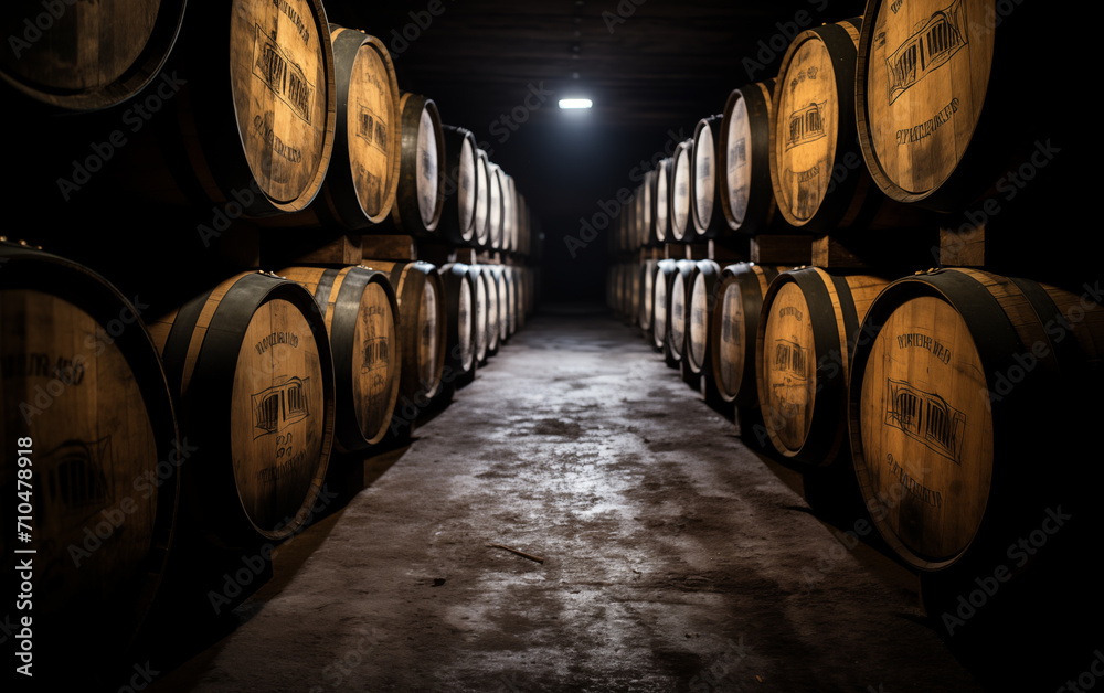 Winery winery storage room barrels,created with Generative AI tecnology.