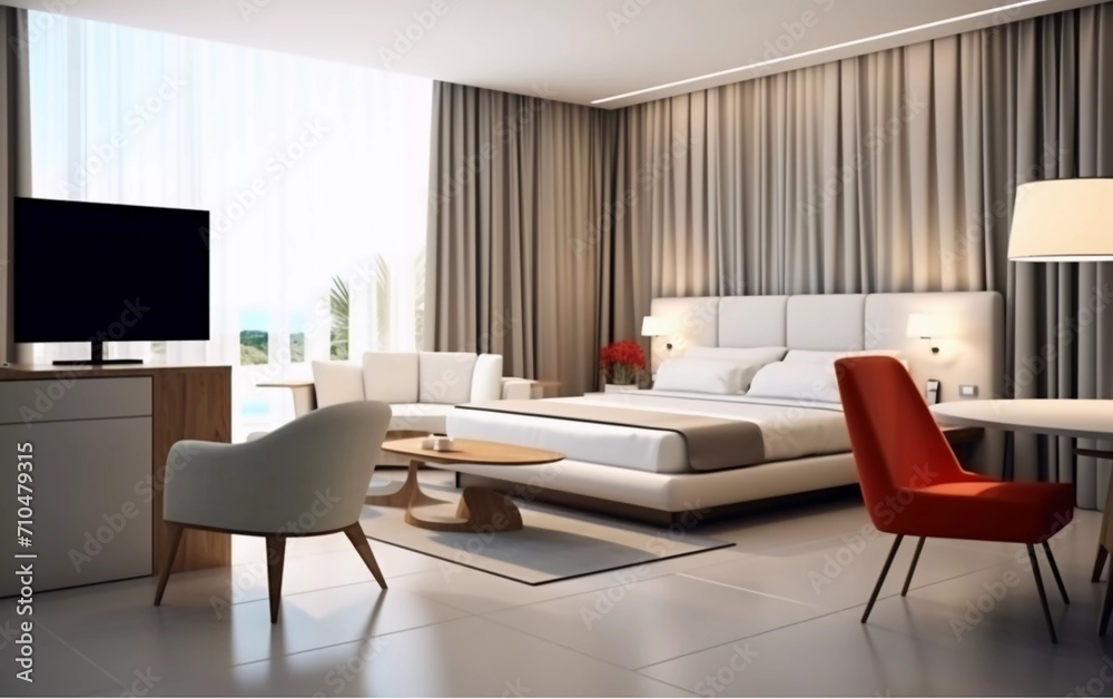 realistic photo Modern hotel room interior, equipped with table, chairs and sofa. generative ai