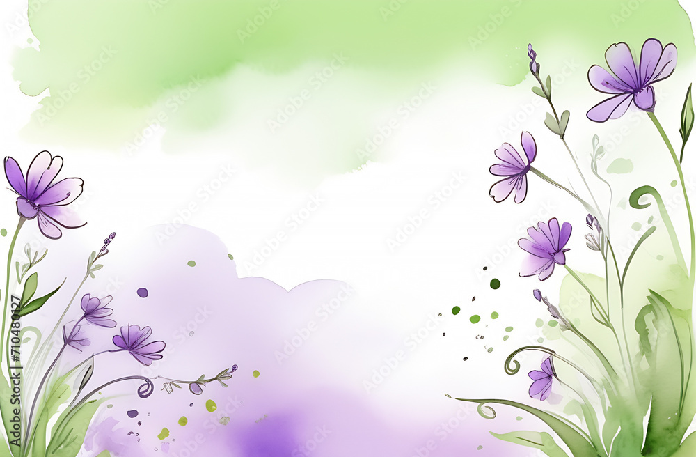 Fototapeta premium watercolor drawing banner place for text purple flowers with green stems white background