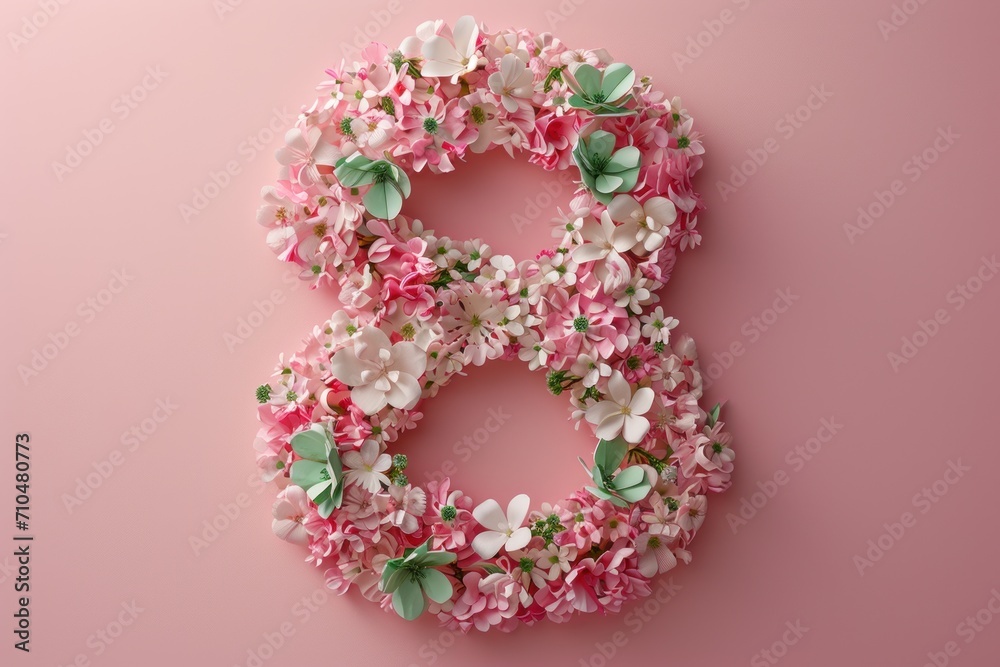 March 8 postcard. Decorative spring number 8 with ribbon and flowers, in the style of sculptural paper constructions, light pink.