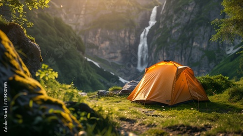 Hikers trekking and walking through a beautiful mountain range showing the beauty of nature and the camping gear like tents and boots. Generative AI