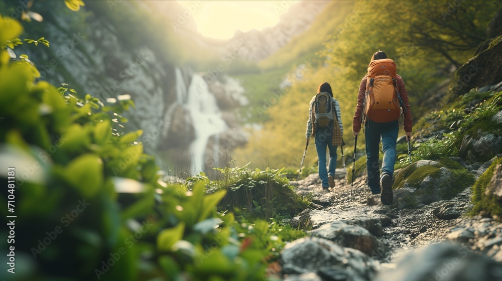 Obraz premium Hikers trekking and walking through a beautiful mountain range showing the beauty of nature and the camping gear like tents and boots. Generative AI