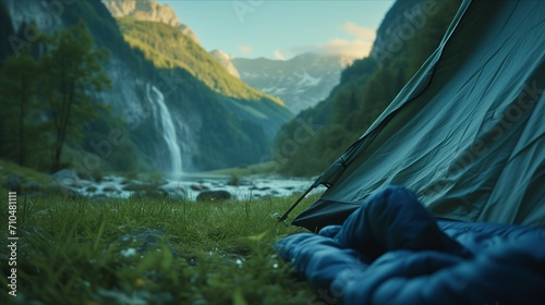 Hikers trekking and walking through a beautiful mountain range showing the beauty of nature and the camping gear like tents and boots. Generative AI