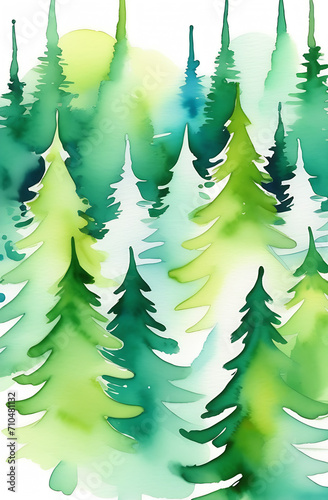  watercolor drawing of a green forest with fir trees close-up