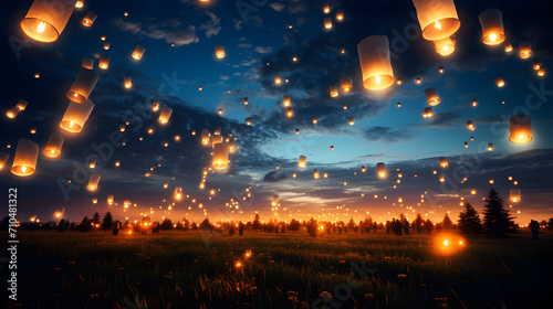 time lapse sunset over the city, Lanterns floating on the water in the night sky. AI generated Image,Floating wish lanterns against a full moon