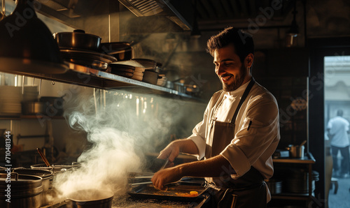 Chef cooking works in the kitchen of a restaurant, fresh food dishes concept.