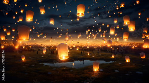Floating wish lanterns against a full moon,fire in the night,A Spectacular Sky Filled with a Myriad of Floating Lanterns