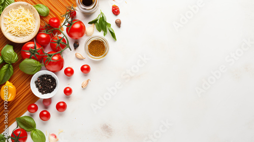 Italian food background on white kitchen table