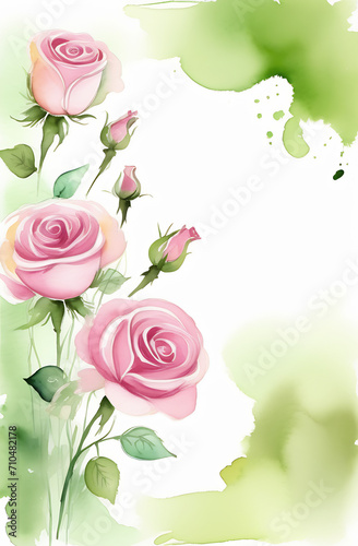 watercolor drawing banner place for text pink flowers with green stems white background