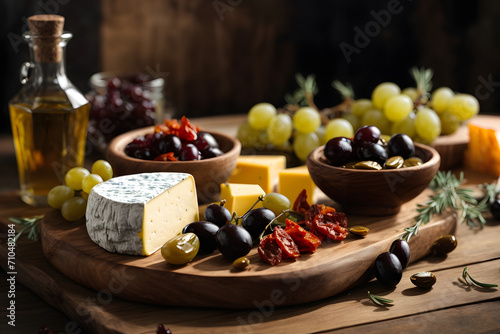 Concept photo shoot of a wooden rustic cheese plate or snack plate or wine plate