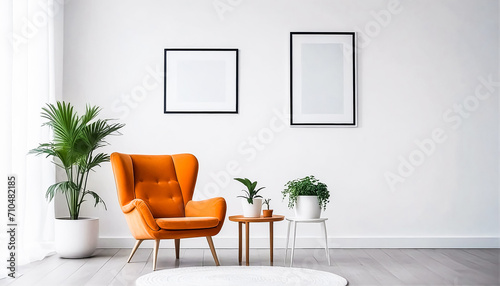 Mockup picture frame on the wall in a bright, minimalistic space with a houseplant, a tiny table, and an orange armchair. Wall Poster, Green Screen, Video Editing. (Version 3) Generative AI. © Nadir Ikram