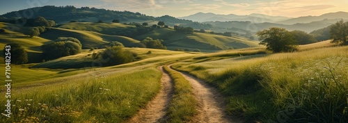 A picturesque path gracefully curves through a field of vibrant green, surrounded by hills. The early morning ambiance is lit by a gentle dawn light, landscape in the mountains