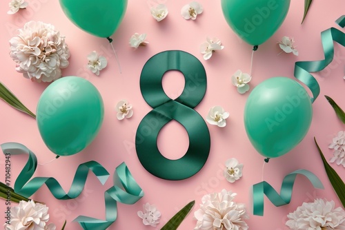 March 8 postcard. Number 8 on a pink background with green balloons and ribbon, in the style of sculptural paper constructions, delicate flowers. photo