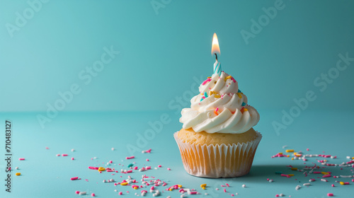 Birthday cupcake with candle on light blue table against blurred blue background. Party banner with copy space for festive celebrations and happy occasions.