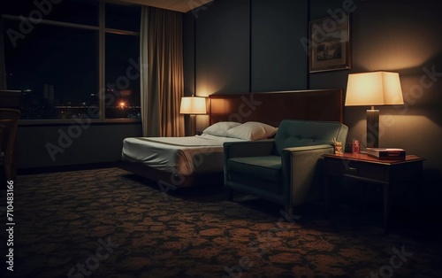 realistic photo Night scene in hotel room, bedside table with lamp, sofa and rug. generative ai © KBL Sungkid
