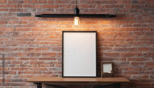 Front-view-blank-black-menu-frame-on-brick-wall-with-lamp-in-loft-cafe-interior--mockup
