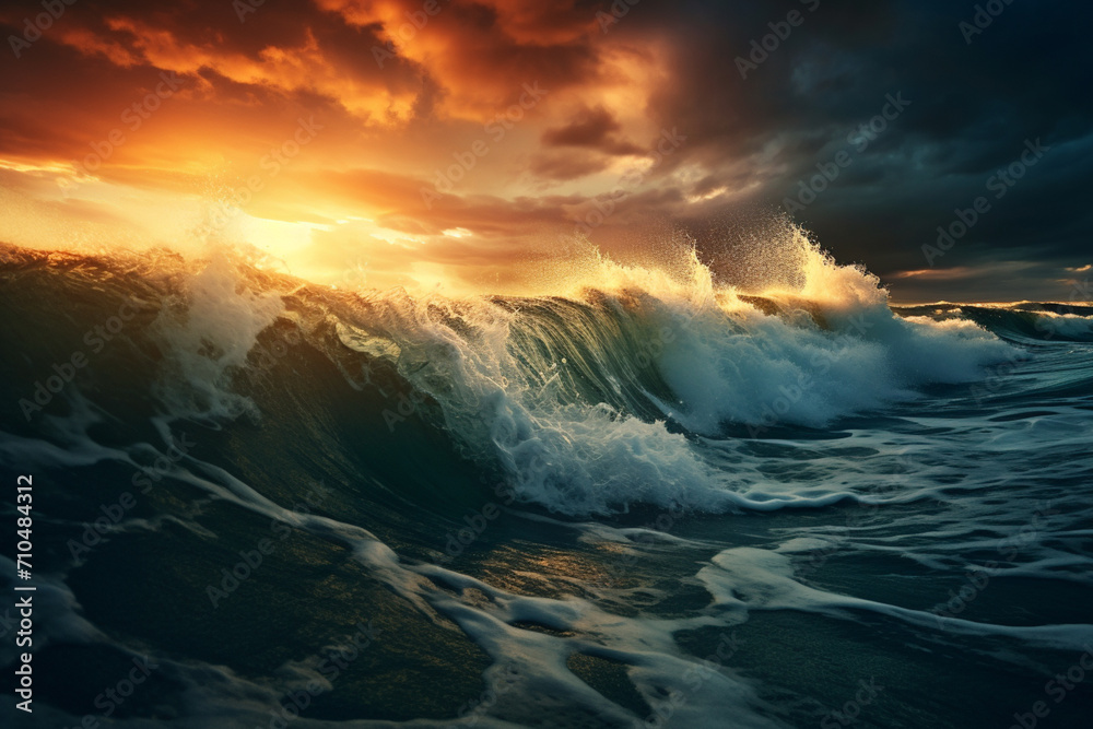Sea or ocean water under sunset sky with dark blue clouds, Waves before storm, seascape, Background summer