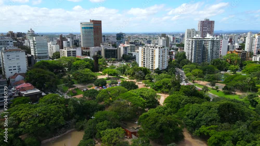 Aerial shot drone descends in park with lake Aerial shot drone descends in park with lake