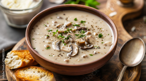 Fényképezés Creamy mushroom soup with bread, featuring a mushroom puree with slices of mushrooms on top