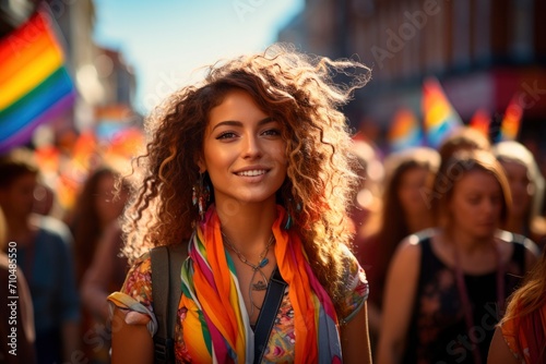 In this vibrant and joyous snapshot, an exuberant crowd marches in the lively and colorful LGBTQ+ parade, celebrating diversity, pride, and equality with infectious energy 