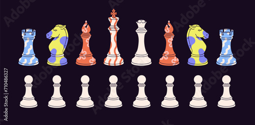 Colored chessmen set. Different chess figures. Patterned knight, bishop, rook, king, queen, white pawn. Intelligence leisure, strategic sport game, tactic boardgame. Flat isolated vector illustrations