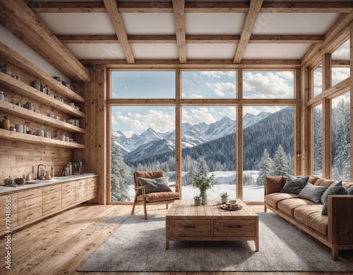 interior of a cozy chalet . AI generated photo