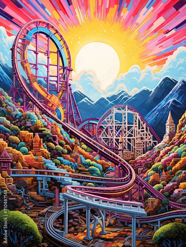 Escaping Gravity: Captivating Roller Coasters in Vibrant Amusement Park Wall Art