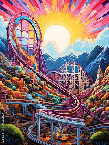 Escaping Gravity: Captivating Roller Coasters in Vibrant Amusement Park Wall Art