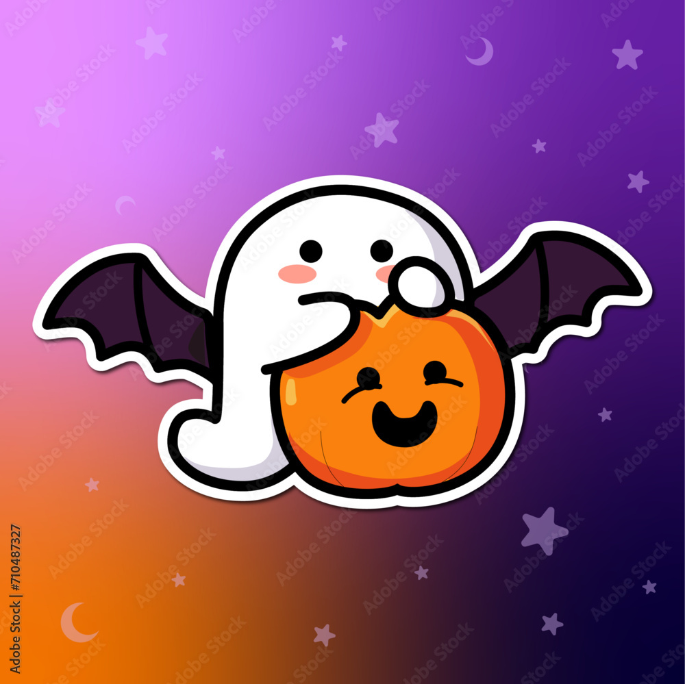 Fantasma adorable disfrazado de murcielago con calabaza para hacer truco o trato en Halloween, sticker, vector