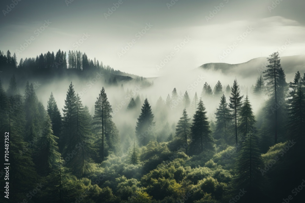 Tranquil fog envelops a majestic fir forest, lending an otherworldly charm to the mountainous scenery and creating an atmospheric landscape.