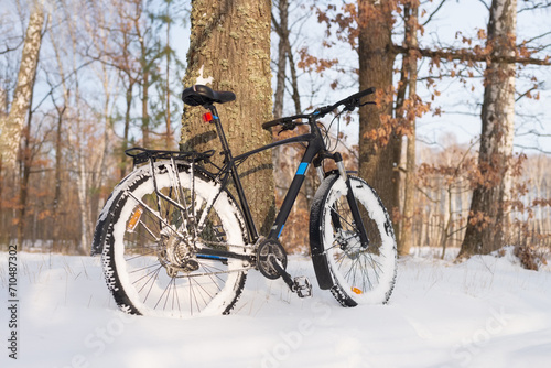 Modern bicycle in a snowy forest on a winter day. Low angle view.