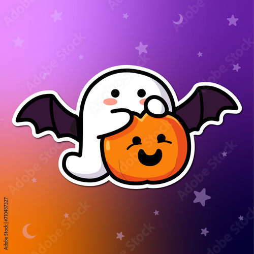 Fantasma adorable disfrazado de murcielago con calabaza para hacer truco o trato en Halloween, sticker, vector