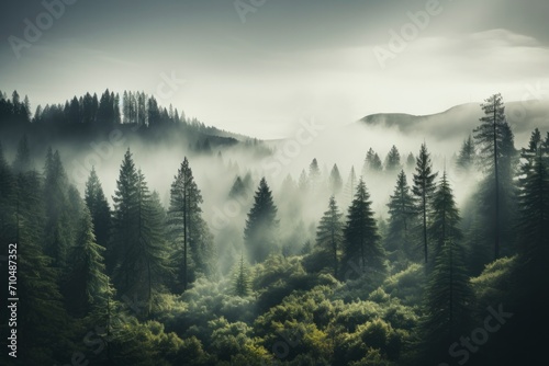 Tranquil fog envelops a majestic fir forest, lending an otherworldly charm to the mountainous scenery and creating an atmospheric landscape. © NS