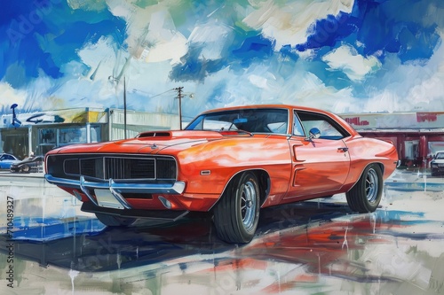 Oil painting of a strong muscle car.