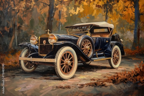 An old oil painting of a vintage car.
