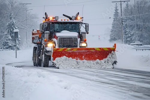 A big snow plow at work on a snowy road.