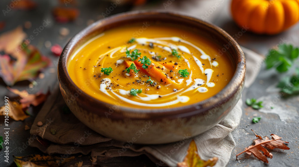 Pumpkin and carrot soup with cream and parsley on a dark rustic background. Side view banner with copy space for delicious autumn or winter comfort food. Perfect for cozy meals and warm gatherings. Pumpkin and carrot soup with cream and parsley on a dark rustic background. Side view banner with copy space for delicious autumn or winter comfort food. Perfect for cozy meals and warm gatherings.