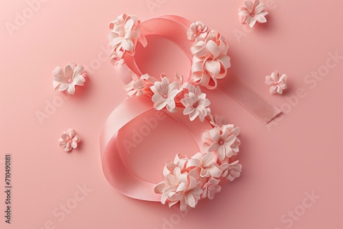 March 8 postcard. Decorative spring number 8 with ribbon and flowers, in the style of sculptural paper constructions, light pink. photo