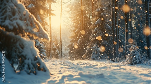A picturesque snowy landscape, showcasing a forest with delicate snowflakes falling, small snowdrifts up close, and the early morning sun casting a warm glow on the trees. snow covered trees in winter
