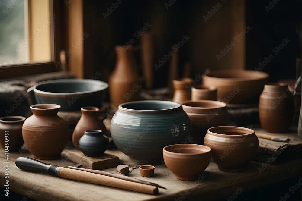 A close-up concept photo with handmade clay and ceramic plates, bowls and equipment A close-up concept photo with handmade clay and ceramic plates, bowls and equipment