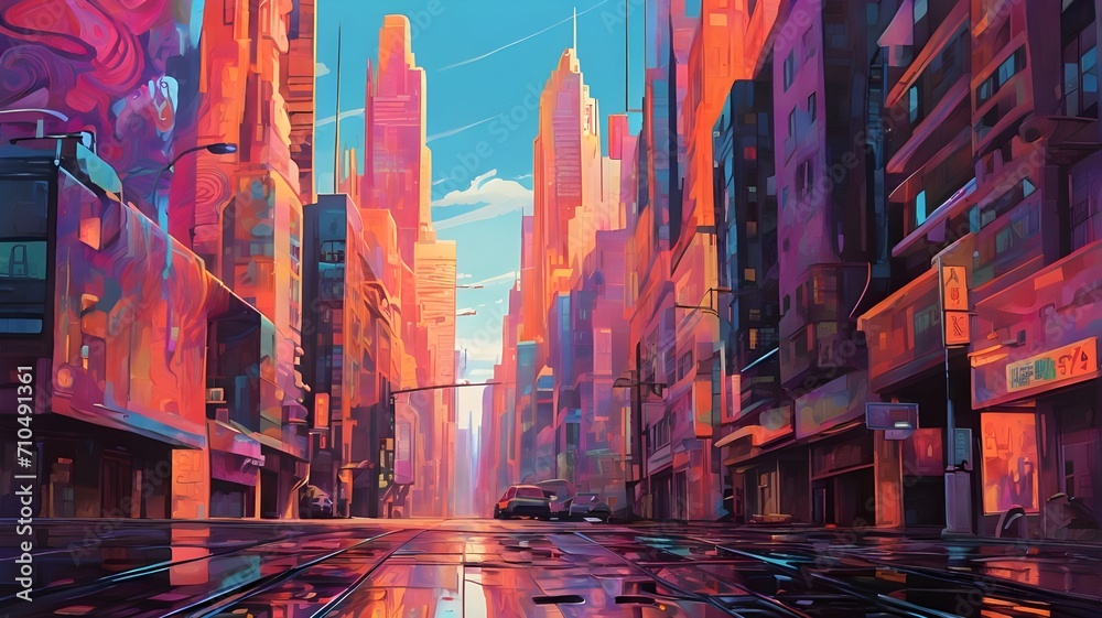 A vibrant psychedelic cityscape where buildings dance and morph.
