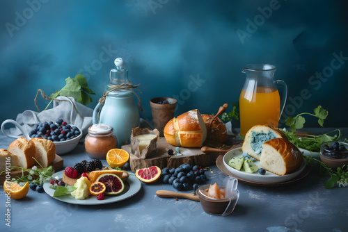 Abundant brunch table with diverse food. Studio photography for design and print. Gastronomy and culinary concept. High-angle shot with copy space