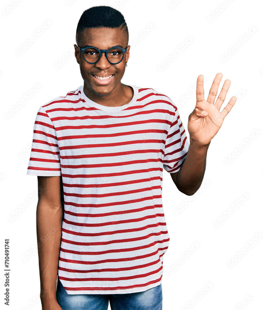 Young african american man wearing casual t shirt and glasses showing and pointing up with fingers number four while smiling confident and happy. Young african american man wearing casual t shirt and glasses showing and pointing up with fingers number four while smiling confident and happy.
