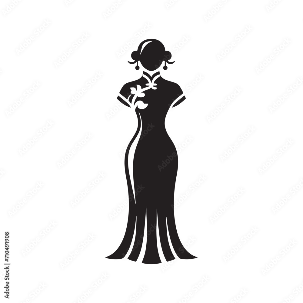 Fototapeta premium A Symphony of Elegance: Traditional Chinese Dress (Qipao or Cheongsam) Silhouette Stock for Your Creative Endeavors - Chinese New Year Silhouette - Chinese Dress Vector 