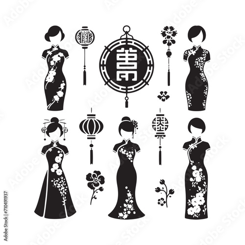 Graceful Elegance: Traditional Chinese Dress (Qipao or Cheongsam) Silhouette Stock for Timeless Beauty - Chinese New Year Silhouette - Chinese Dress Vector
 photo