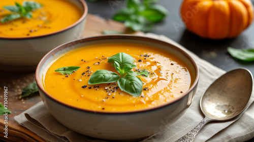 Pumpkin and carrot soup with cream and basil on a dark rustic background. Side view banner with copy space for delicious autumn or winter comfort food. Perfect for cozy meals and warm gatherings.